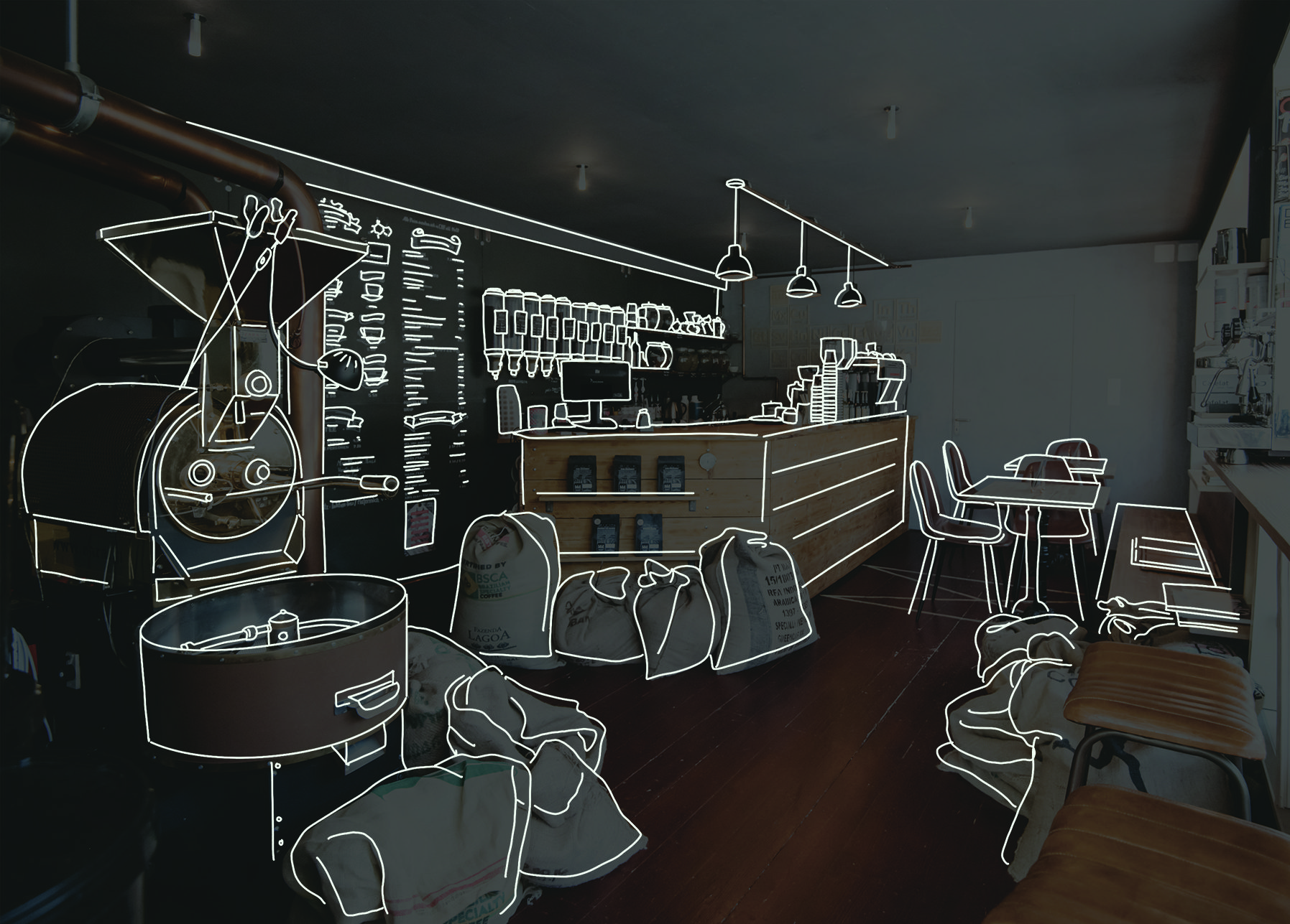 Photo of the first Maillardos coffee shop in muted gray-tones, overdrawn with white vector lines, outlining elements of the coffee shop